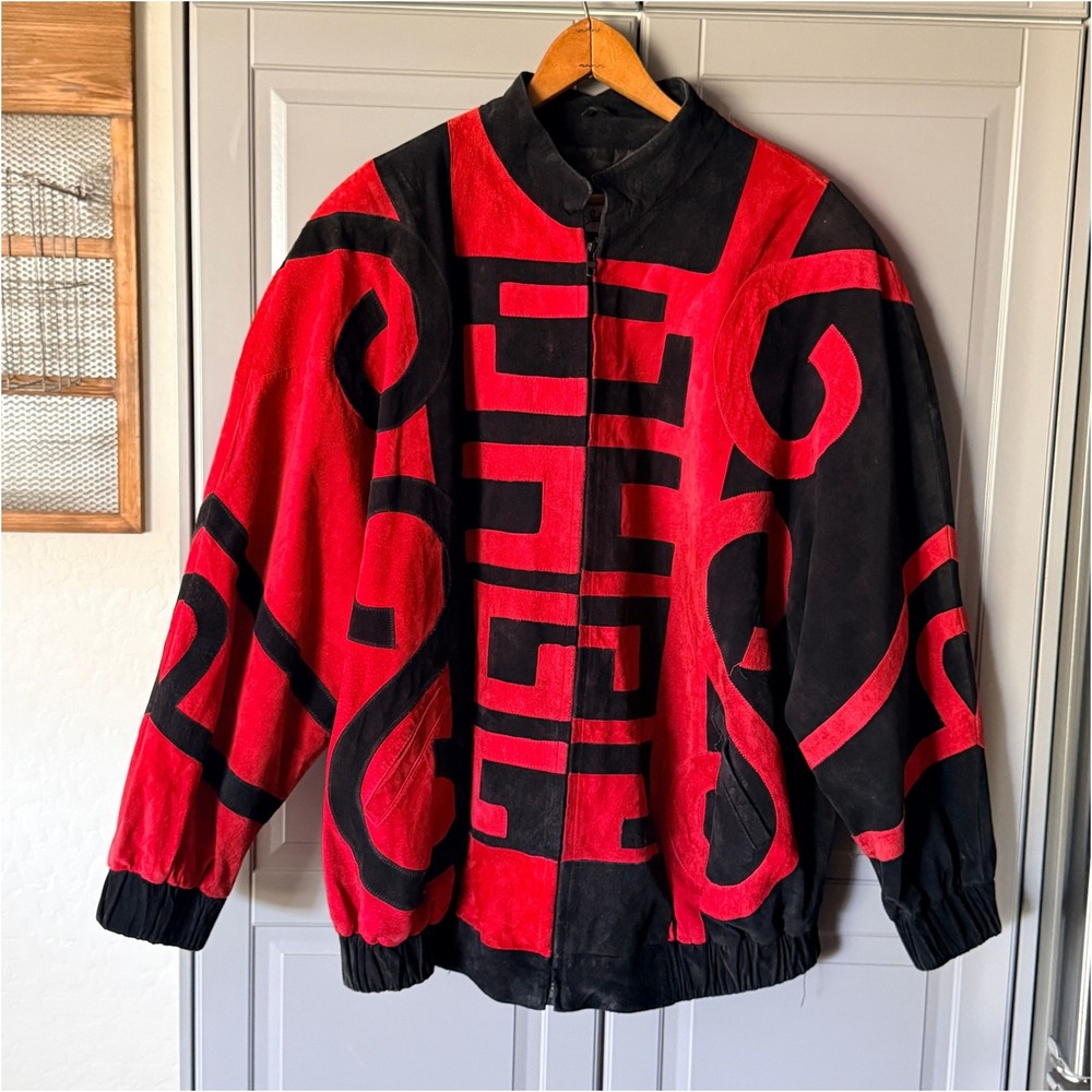 Julian K. Vintage Unisex Leather Color-Block Zip Bomber Jacket,Red Black, XL